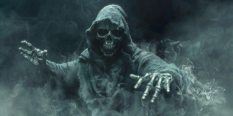 Grim Reaper in Misty Fog Eerie Halloween Horror and Ghostly Presence