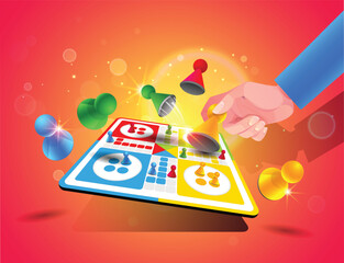 A Ludo board game person is playing a game with a red background