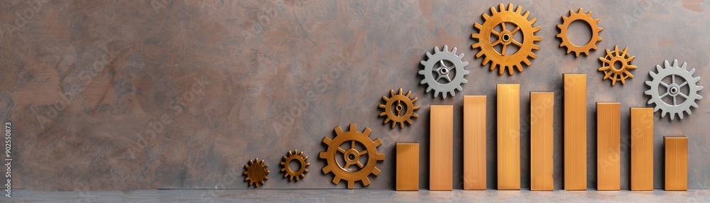 Poster abstract business concept image of golden gears and bar graph on grey background.