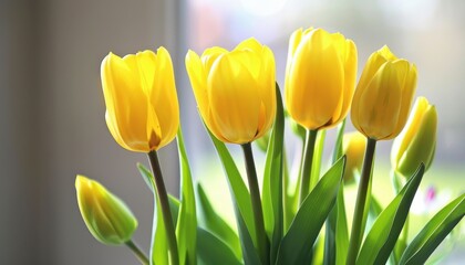 Yellow Tulips Blooming Near Window in Spring