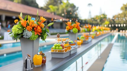 Colorful floral arrangement by the pool, featuring vibrant flowers and refreshing drinks for a summer celebration.