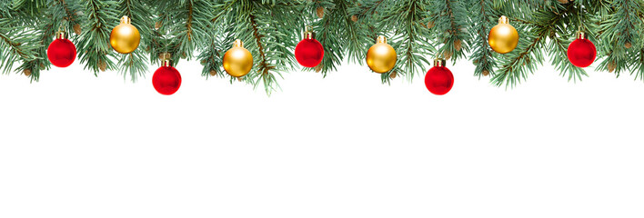 Christmas tree branches with gold and red balls in PNG isolated on transparent background, border