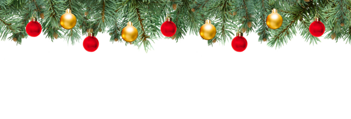 Christmas tree branches with gold and red balls in PNG isolated on transparent background, border