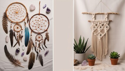 Boho Style Flat Lay with Dreamcatchers, Macrame, and Succulent Plants