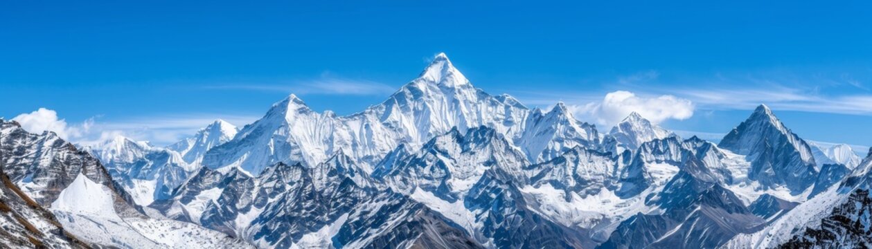 majestic himalayan mountain range with snow capped peaks and clear blue sky - scenic landscape graphy of the himalayas