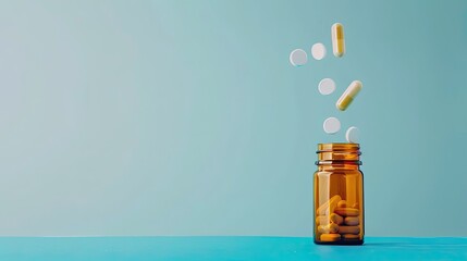 Colorful Capsules and Tablets Floating Above an Amber Bottle on a Blue Surface