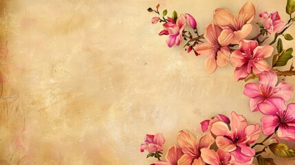 Vintage Paper with Pink Flowers and Green Leaves