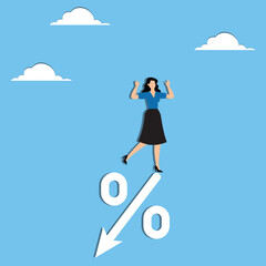 Inflation or interest rate falling down, decrease or reduction, profit fall in economic recession, stock market value loss, FED reduce interest rate, businesswoman on percentage sign with falling down