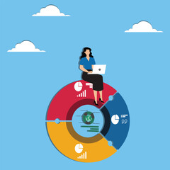Global portfolio asset allocation, world stock market investment, international market share pie chart, financial or world economic concept, businesswoman work with computer laptop on world pie chart