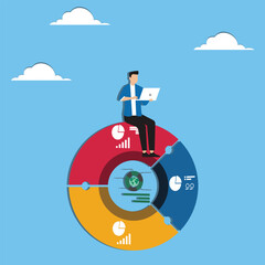 Global portfolio asset allocation, world stock market investment, international market share pie chart, financial or world economic concept, businessman work with computer laptop on world pie chart