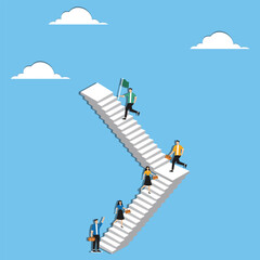 Career path or improvement, growth stair to success, job promotion or business competition, aspiration or motivation to succeed concept, business people walk up stair to next level floor to the top.