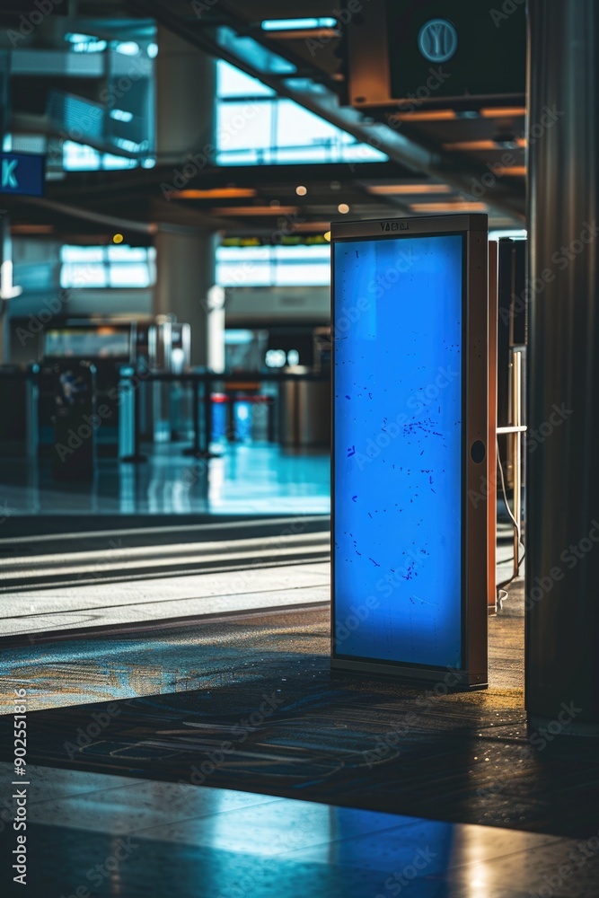 Poster a bus stop with a blue sign in the middle