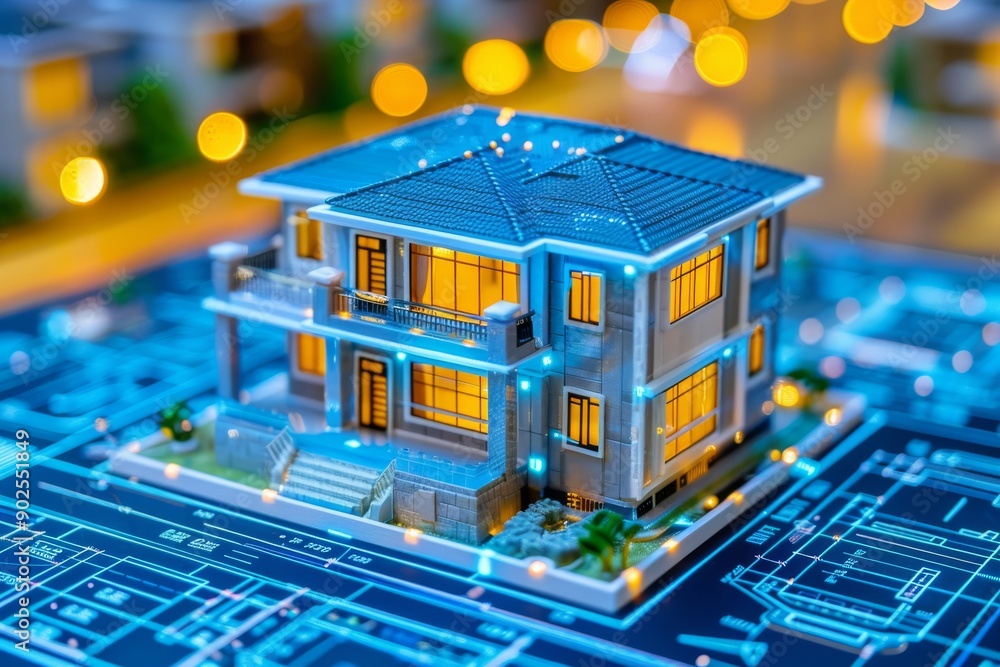 Poster digital smart home icon with blue circuit board concept of advanced technology connectivity and mode