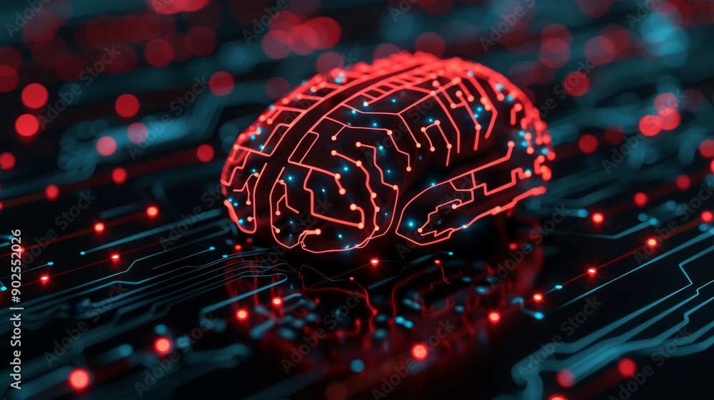 Poster artificial intelligence concept - digital brain on circuit board with red neon lights.
