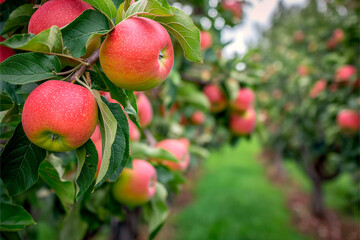 farm with red apples with blurred background