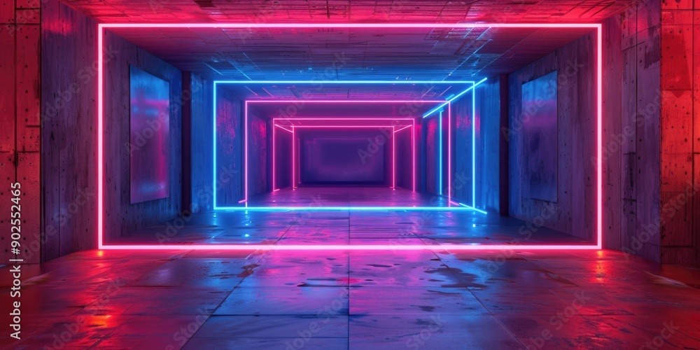 Poster A long hallway with bright neon lights stretching down its center, ideal for use in futuristic or sci-fi settings