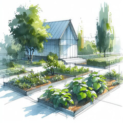 Sustainable Gardening: Watercolor Architectural Drawing of a Vibrant Cucumber Garden