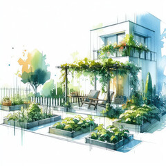 Eco-Friendly Gardening: Watercolor Illustration of Cucumber Plants in an Urban Garden