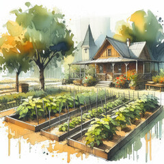 Architectural Sketch in Watercolor: Cucumber Plant Rows in a Lush Garden