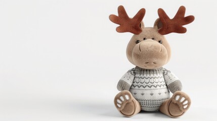 Fototapeta premium Sweet Plush Moose Toy Dressed in Cozy Sweater Sitting on White Background