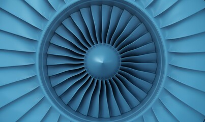 Fototapeta premium close-up of a blue airplane engine fan blade turbine, abstract circular pattern, aerospace technology, engineering design, industrial machinery, power