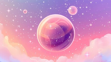 Naklejka premium A cute planet with stars and bubbles, pastel purple background, pink gradient, suitable for mobile wallpaper, adding a sense of fun to your phone's screen.