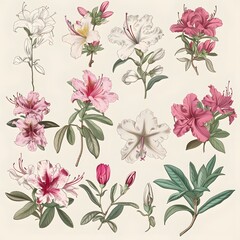 Detailed illustration of various azalea flowers in different stages of bloom.