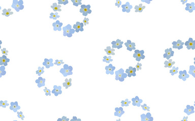 seamless pattern with forget-me-not flowers folded into corollas, delicate Myosotis flowers on a white background. Use for patterns on fabric, bedding, advertising, posters, etc. Vector illustration