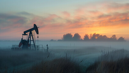 Misty morning with an oil pump in a rural field, depicting the peaceful atmosphere of nature and industrial equipment in the countryside.