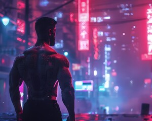 Obraz premium Muscular Bodybuilder in Neon Lit Cityscape with Futuristic Urban Setting