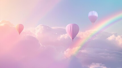 Obraz premium A serene pastel sky with soft clouds and a rainbow, featuring whimsical hot air balloons floating in the background, atmosphere of tranquility and fantasy