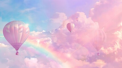 Obraz premium A serene pastel sky with soft clouds and a rainbow, featuring whimsical hot air balloons floating in the background, atmosphere of tranquility and fantasy