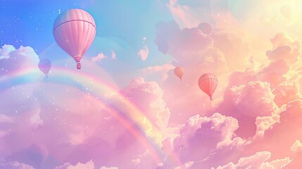 Obraz premium A serene pastel sky with soft clouds and a rainbow, featuring whimsical hot air balloons floating in the background, atmosphere of tranquility and fantasy