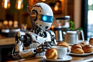 Fototapeta premium miniature, sleek barista robot with thin polished silver limbs and a glowing blue LED light. Robotics Technology Trends in Business coffee and baking.