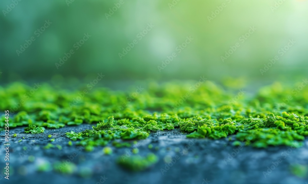Poster close-up macro shot of lush green moss growing on a rough concrete surface with soft bokeh backgroun