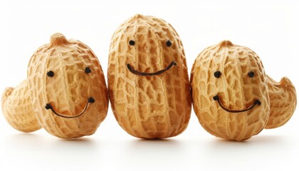 Three Peanuts With Smiling Faces on a White Background
