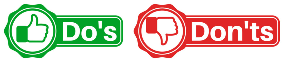 Do's and don'ts icon set. good and bad signs labels design vector illustration