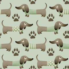 seamless pattern with cute cartoon dachshund on minty background