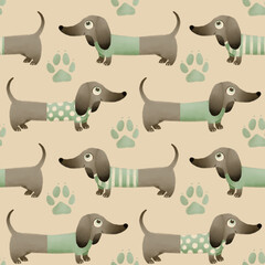 seamless pattern with cute cartoon dachshund