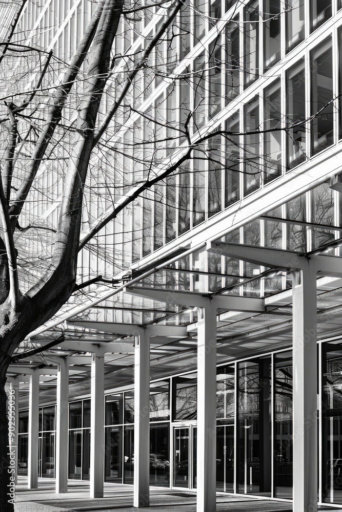 Poster a black and white photograph of a tree standing tall in front of a building, perfect for use in arch