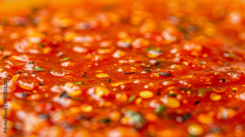 Wall mural close-up macro of red chili sauce with seeds, peppers, and herbs, spicy food, culinary background, restaurant menu, asian cuisine