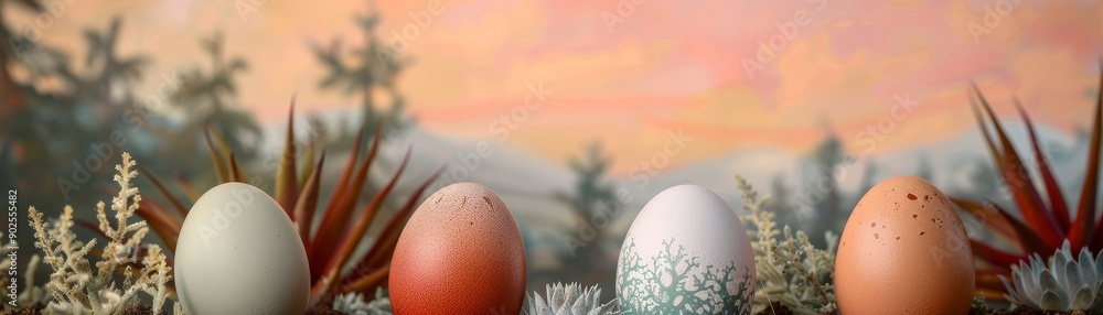 Poster four easter eggs nestled in a spring meadow with a softly blurred background of trees and an orange 