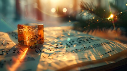A closeup of sheet music with note in the background, cube made from translucent glass material floating above it, emitting rainbow light, creating a harmonious atmosphere.