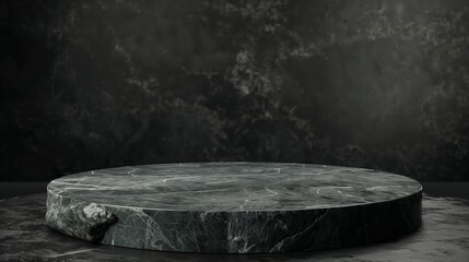 Black marble stone podium for product presentation on dark background.