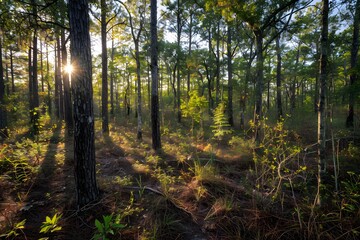Obraz premium Sunlight filters through tall pine trees in a serene forest setting.