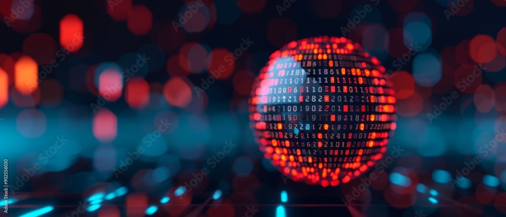 Poster abstract digital globe with red and blue lights for technology and data concept.