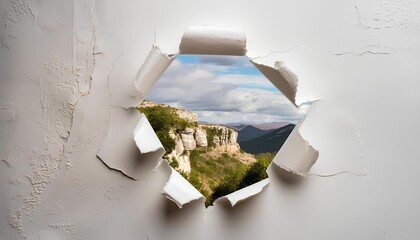 A mountain range is visible through a hole in a wall