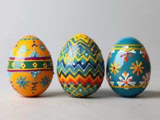 Fototapeta premium three vibrant hand-painted easter eggs with geometric and floral designs on a white background.