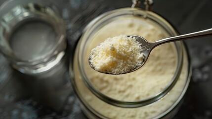 A spoon filled with powdered collagen is held above a jar, showcasing the fine texture and nutritional supplement preparation in a kitchen environment