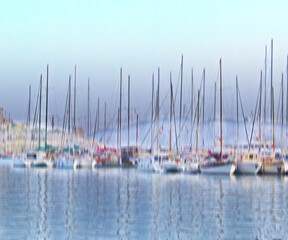 Fototapeta premium Ship, harbor and ocean for cargo, travel and transportation with shipment, water and sunshine. Boat, sailing and sea as landscape in New York with sky for international export, delivery and trade